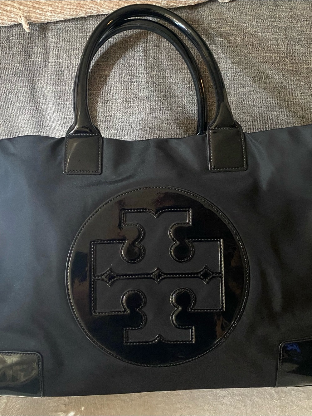 Tory Burch Black Patent Logo Tote